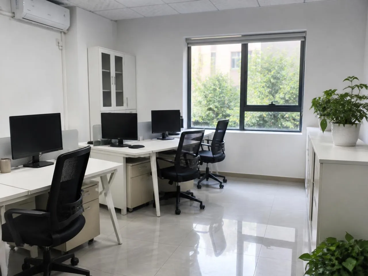Tidy small office with clear desks, wiped monitors and a polished tile floor.